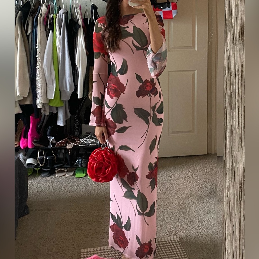 Rose Mesh Maxi Dress with Bell sleeves and low back